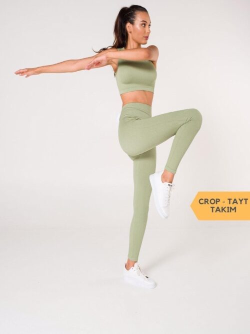 Toparlayıcı Dikişsiz Tayt-crop Top Fitilli Büstiyer Tayt Crop Top Takım Yeşil