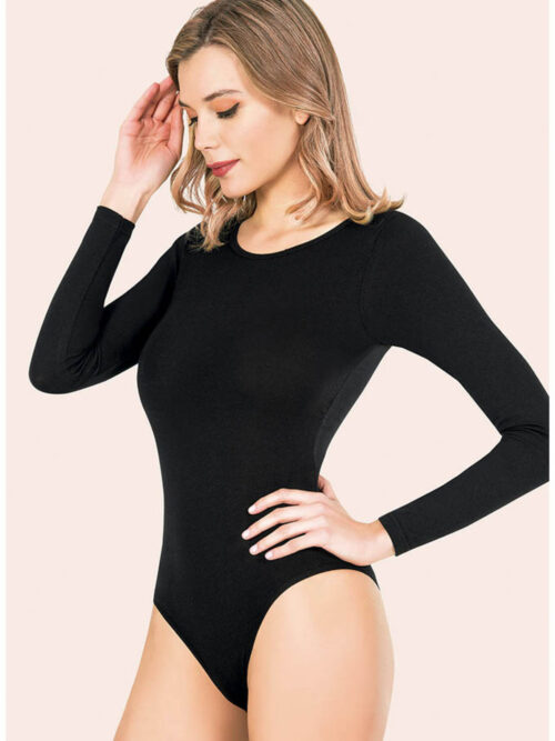 Uzun Kol Likralı Çıtçıtlı Kadın Body Atlet Zıbın Siyah
