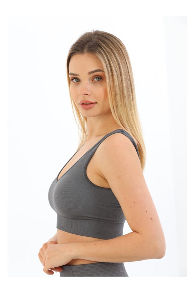 Ince Askılı Pedli Fitilli Pink-2 Toparlayıcı Crop Büstiyer Antrasit - Görsel 5